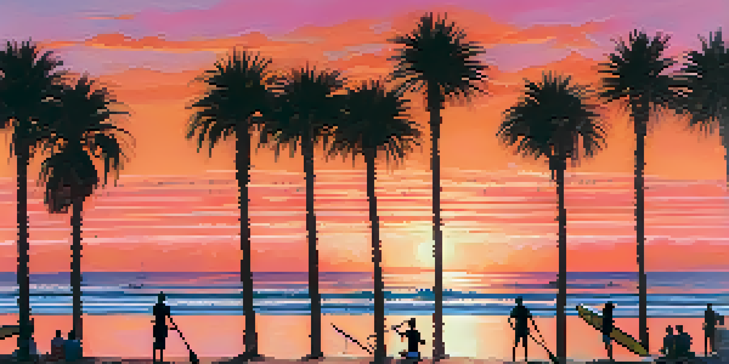 A sunset view of Carlsbad's coastline with paddleboarders on calm waters and palm trees in the foreground.