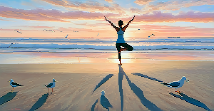 A person practicing yoga on the beach during sunrise, with waves and seagulls in the background.