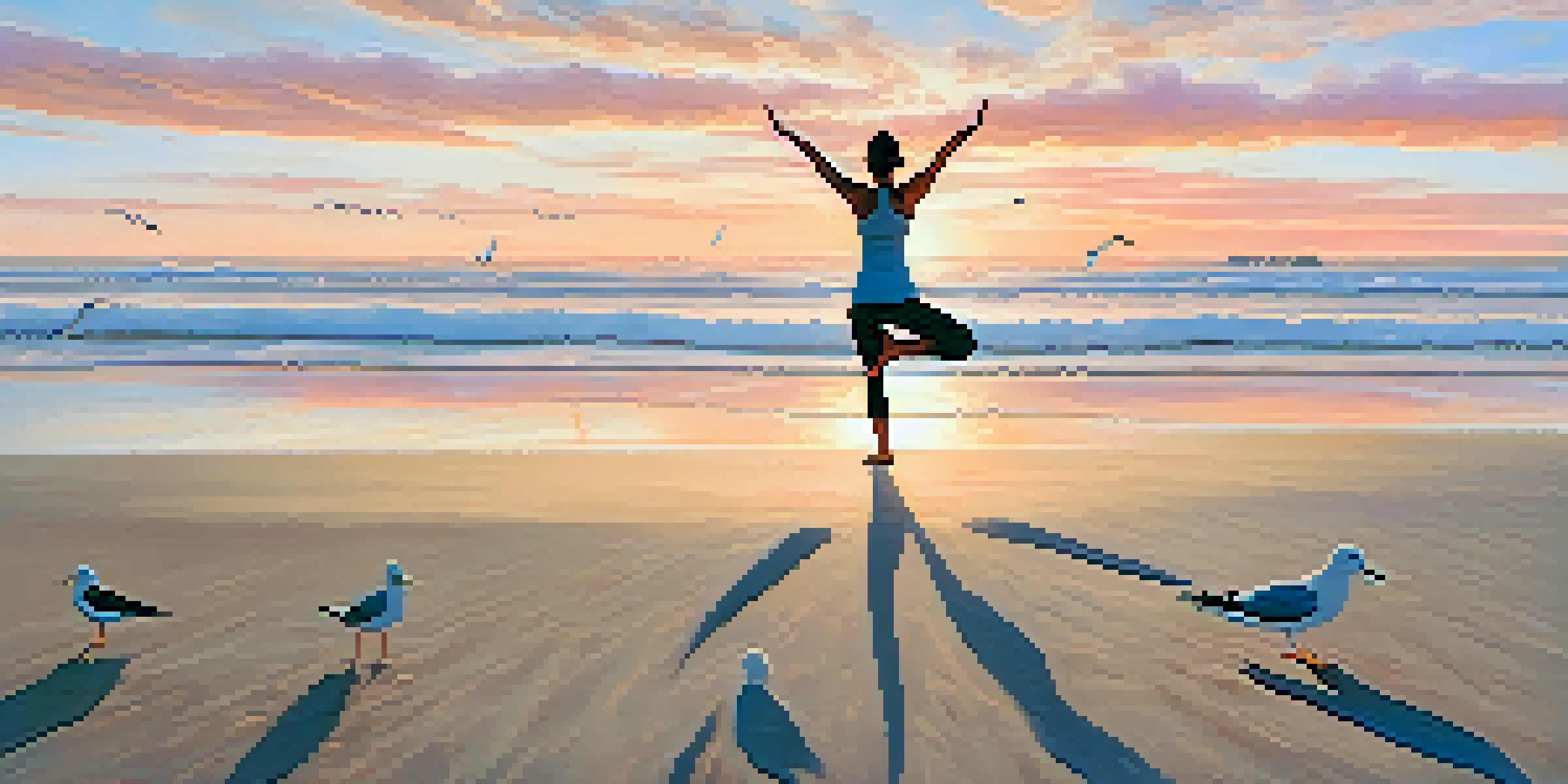A person practicing yoga on the beach during sunrise, with waves and seagulls in the background.