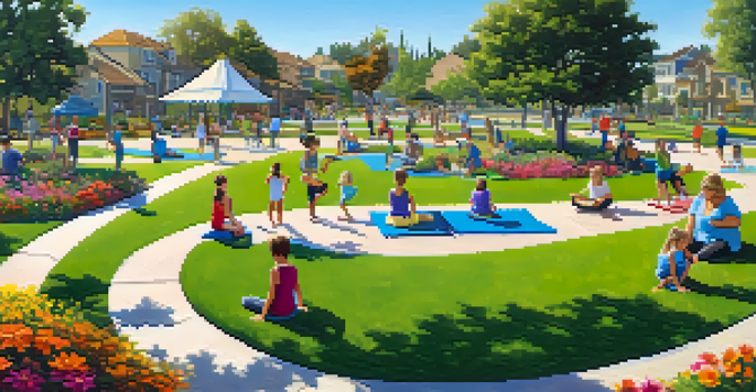 A lively community park in Carlsbad with families enjoying recreational activities, including children playing on the playground and adults in a yoga class, surrounded by colorful flowers and trees.