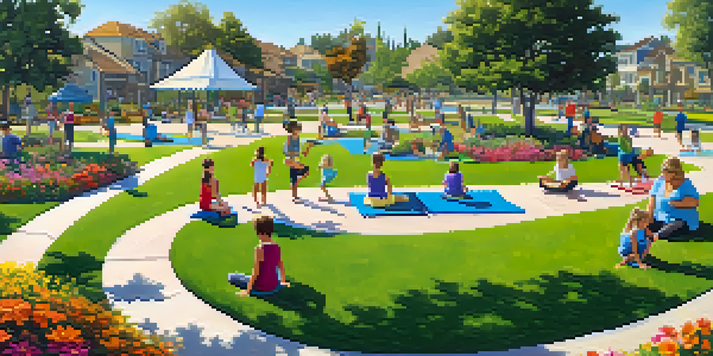 A lively community park in Carlsbad with families enjoying recreational activities, including children playing on the playground and adults in a yoga class, surrounded by colorful flowers and trees.