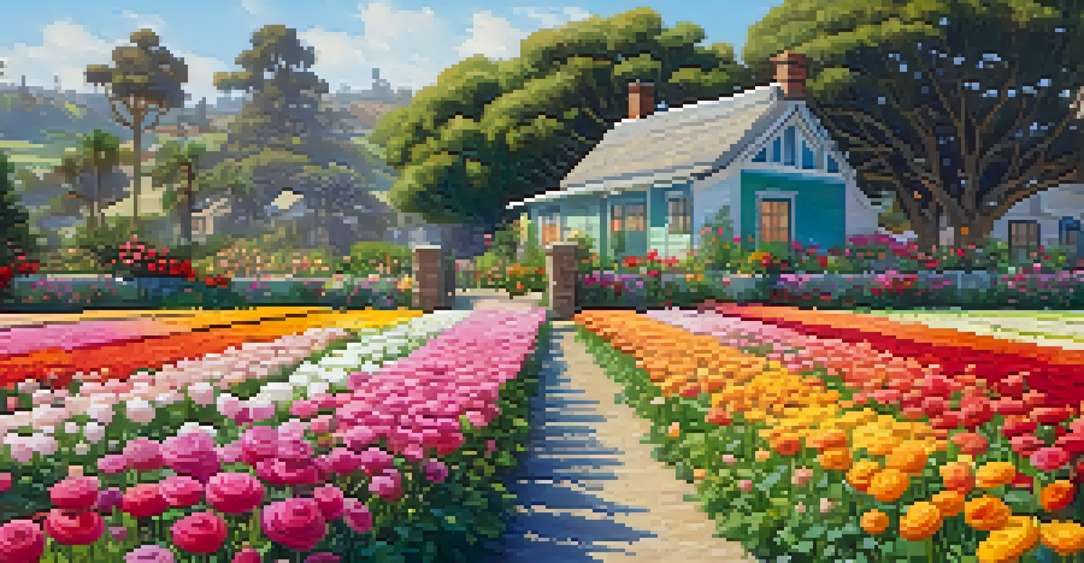 Colorful ranunculus flowers in Carlsbad Flower Fields with a 19th-century cottage in the background.