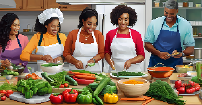 A diverse group of people participating in a cooking demonstration at a nutrition workshop, surrounded by fresh ingredients and cooking tools.