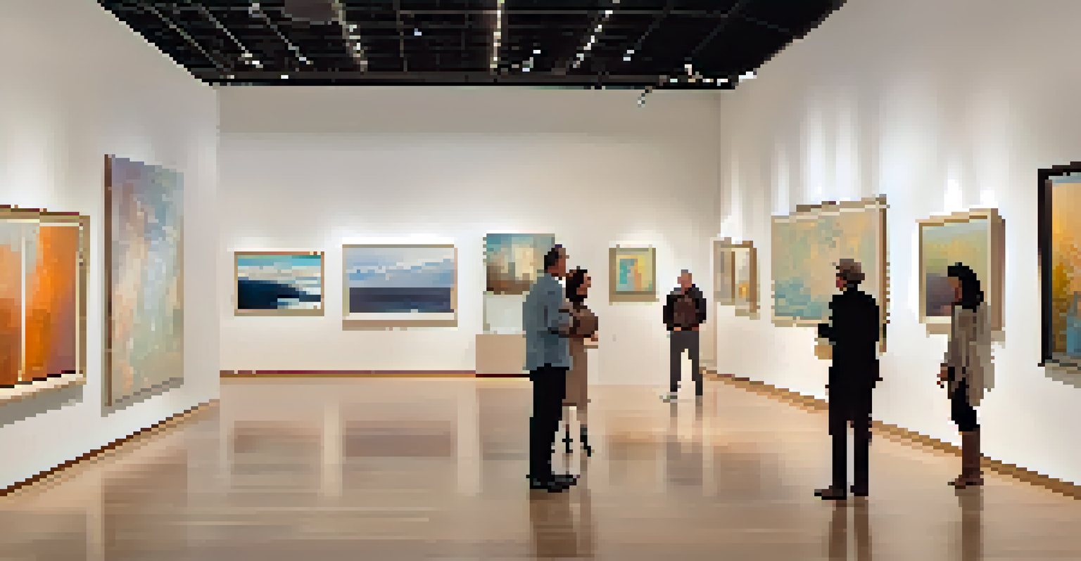 The interior of a Carlsbad art gallery with modern art pieces and visitors admiring the artwork in a well-lit, serene environment.