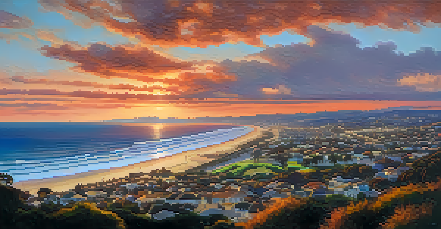 An elevated view of the sunset over the ocean and hills from Carlsbad Community Park, with warm colors in the sky and silhouettes adding depth.
