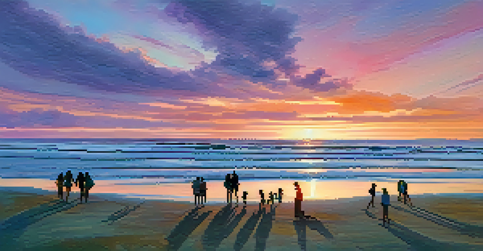 A beautiful sunset over Carlsbad State Beach with families on the shore and colorful sky reflecting peace and tranquility.