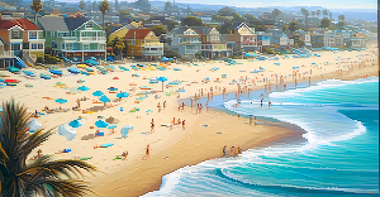 An aerial view of South Carlsbad Beach with surfers, golden sand, and colorful surfboards near a surf shop.