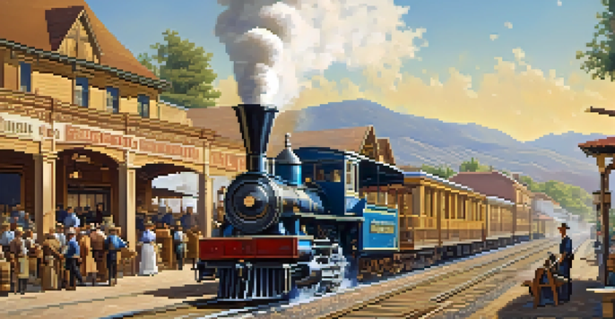 A historical view of Carlsbad's railroad station, with steam trains and farmers selling produce, capturing the town's vibrant atmosphere.