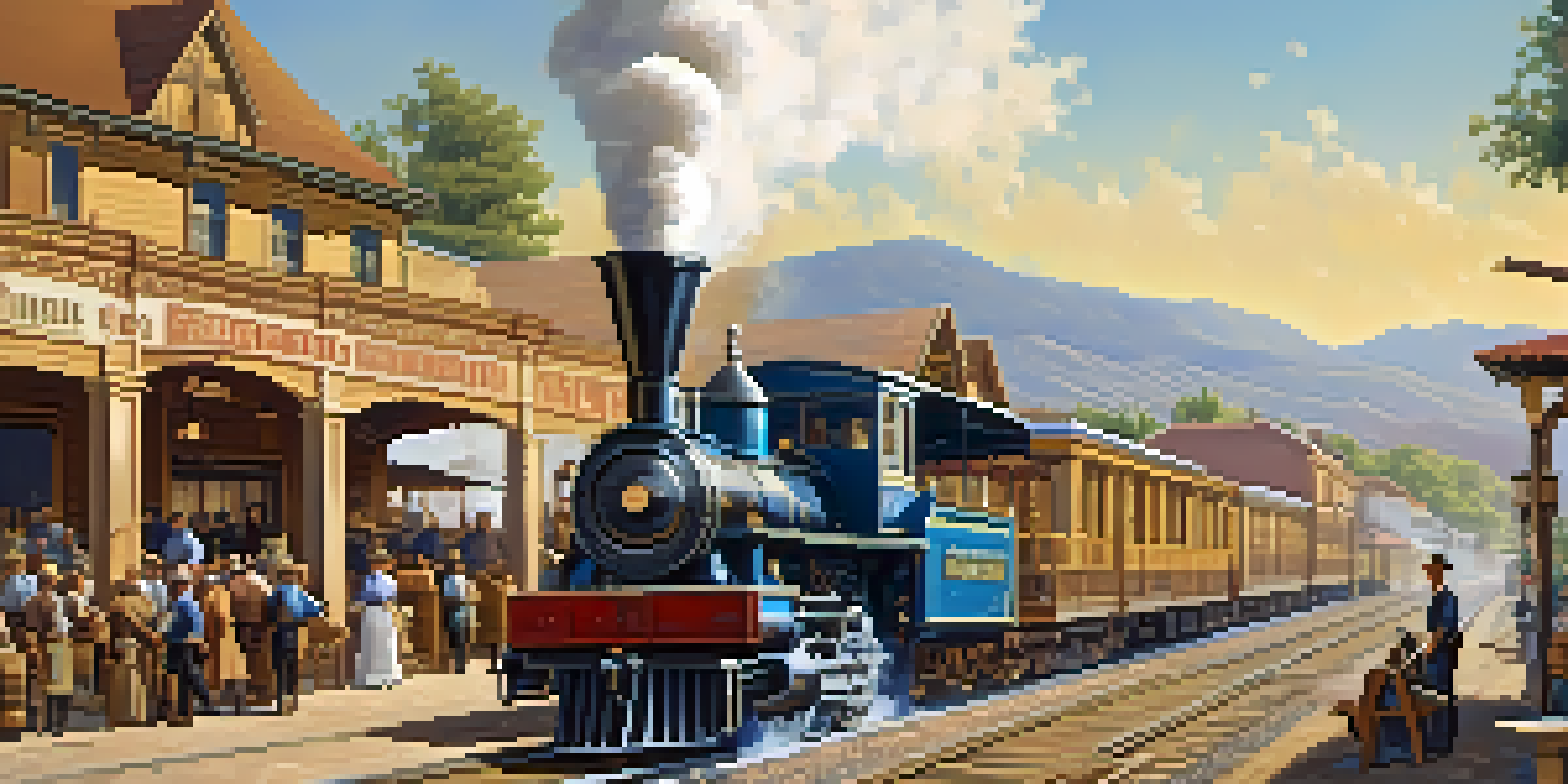 A historical view of Carlsbad's railroad station, with steam trains and farmers selling produce, capturing the town's vibrant atmosphere.