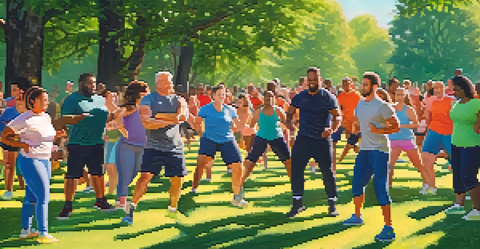 A group of people participating in an outdoor boot camp in a park, performing exercises with instructors.