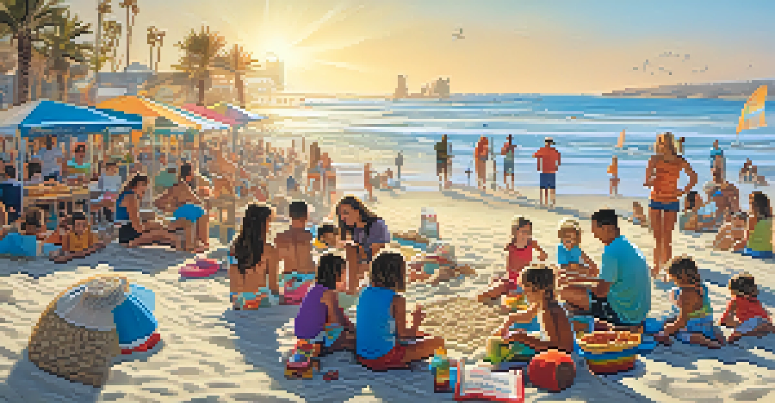 Families enjoying a community gathering at the Carlsbad surf contest, with children building sandcastles and local vendors in the background.
