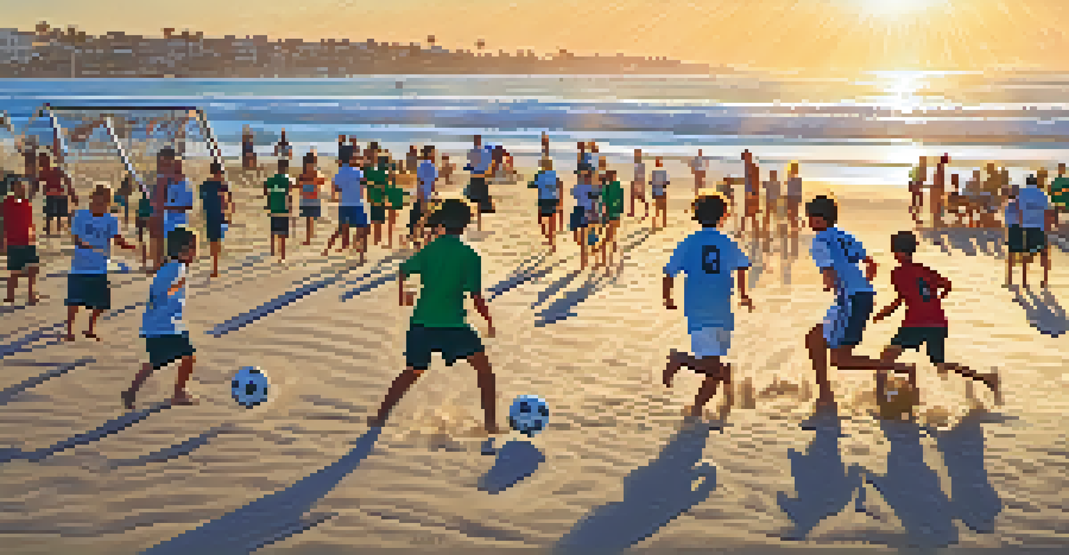 An energetic scene of beach soccer players in action during the Carlsbad Beach Soccer Tournament at sunset.