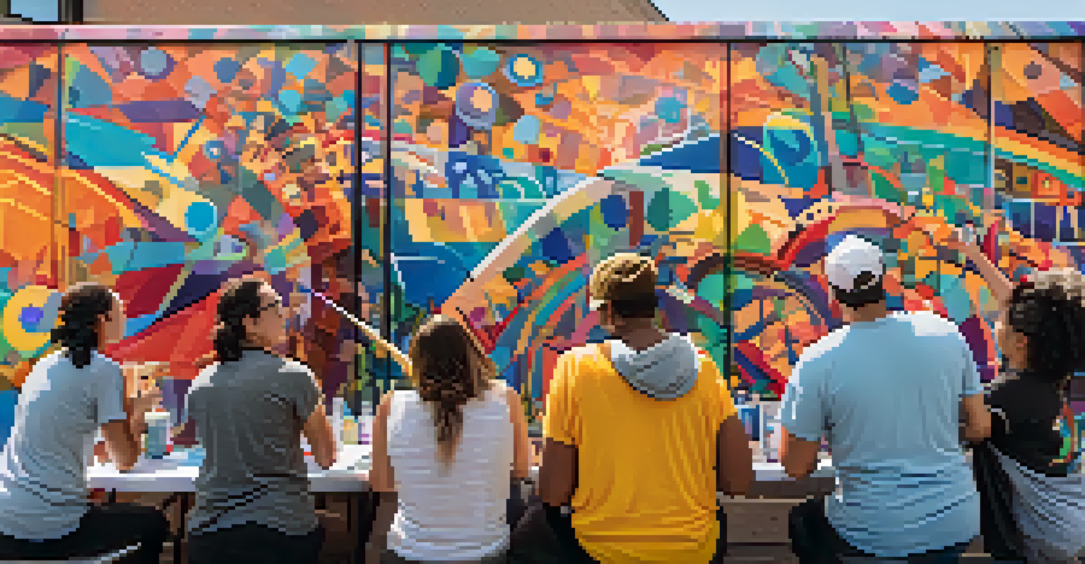 Residents and artists working together on a colorful mural, showing collaboration and creativity in a community setting.