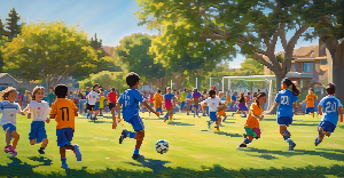 A lively youth soccer match with diverse children playing in colorful jerseys, parents cheering in the background in a sunny park.