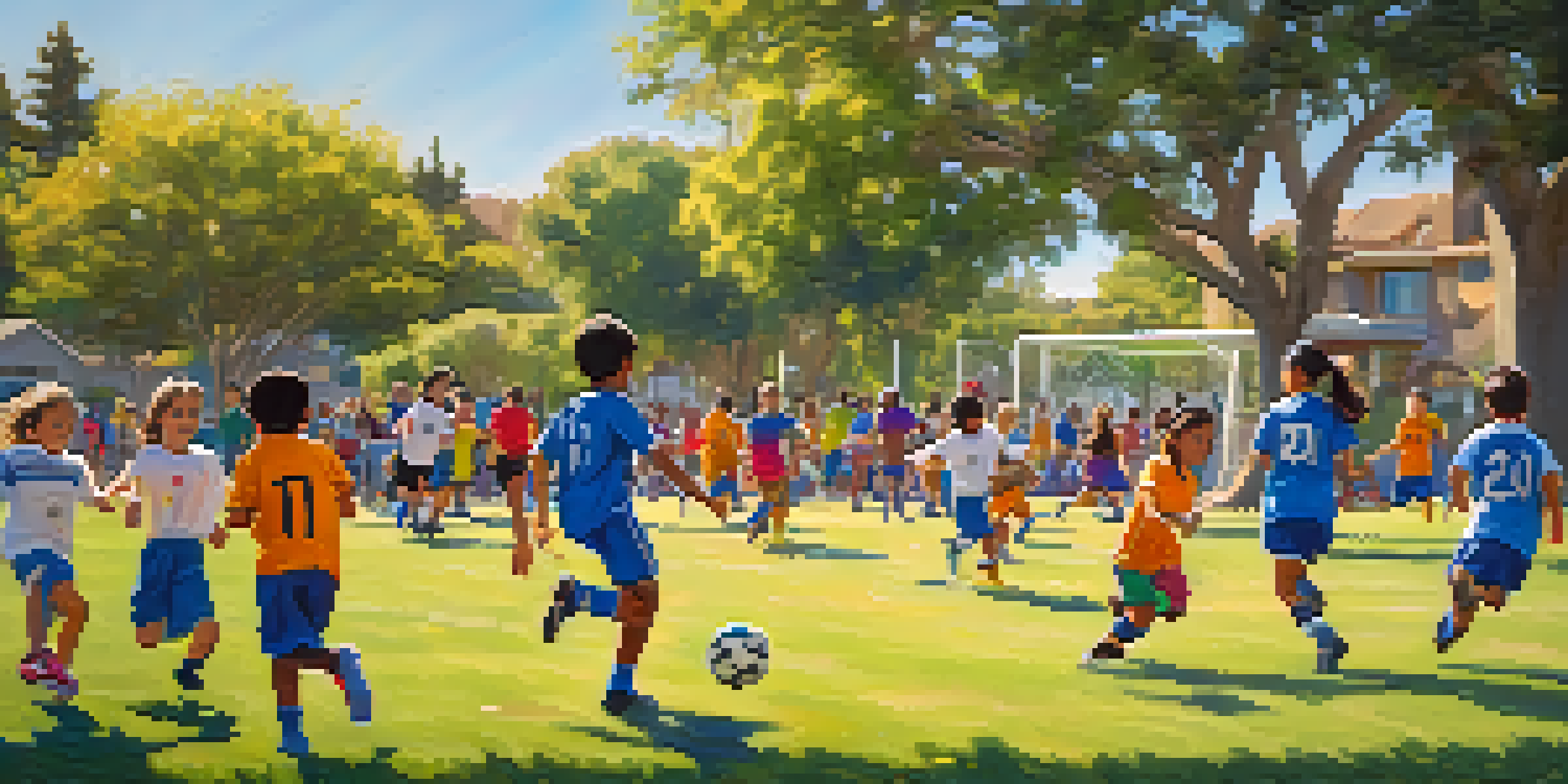 A lively youth soccer match with diverse children playing in colorful jerseys, parents cheering in the background in a sunny park.