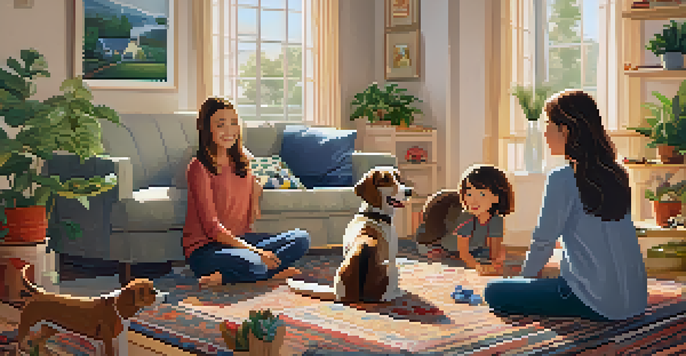 A family happily welcoming an adopted dog in a warm living room filled with plants and toys.