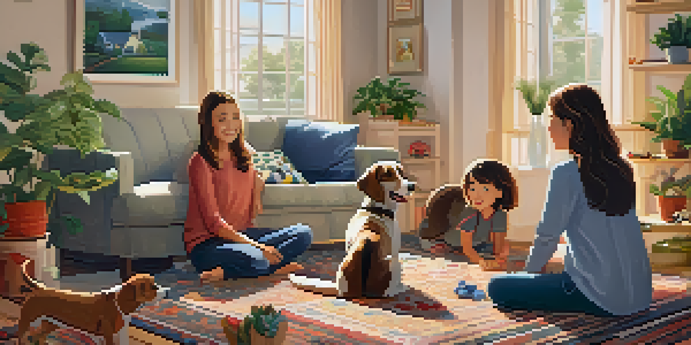 A family happily welcoming an adopted dog in a warm living room filled with plants and toys.