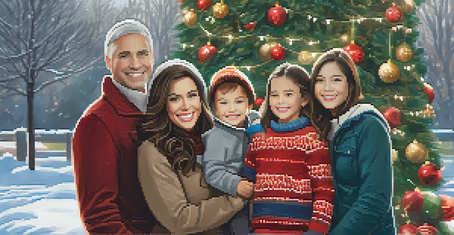 A family posing for a holiday photo in front of a beautifully decorated Christmas tree at the park.