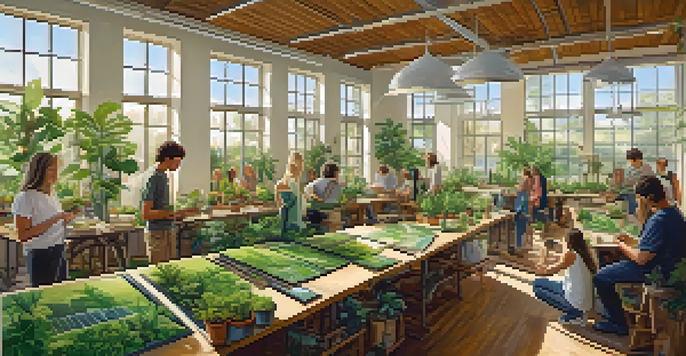 A community workshop in Carlsbad with participants learning about eco-innovation, surrounded by plants and natural light.