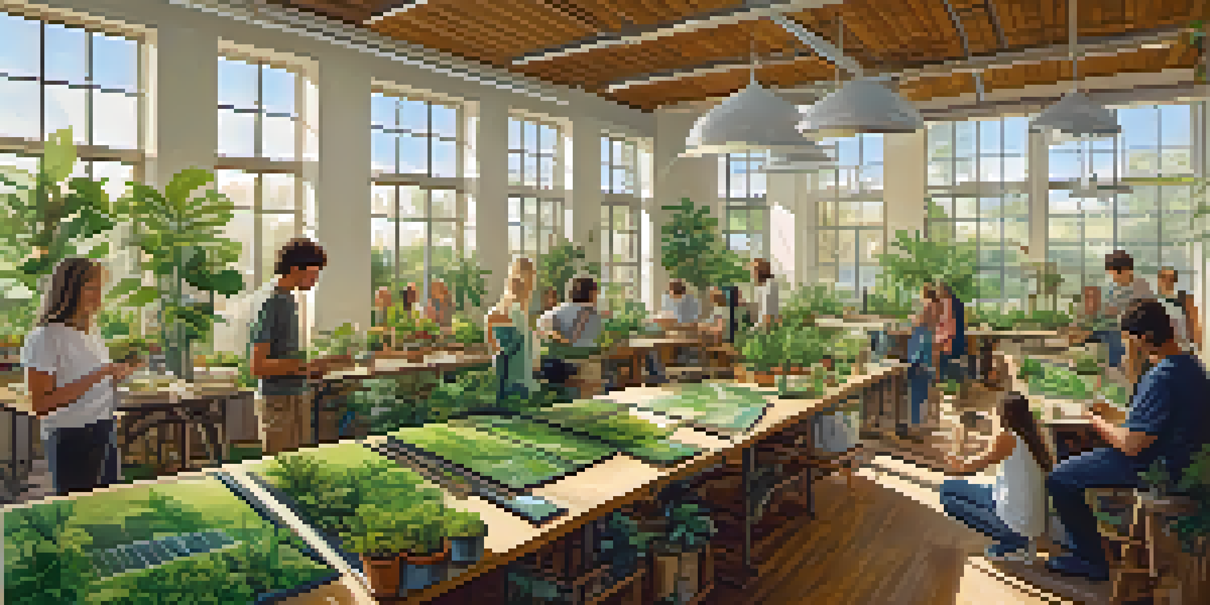 A community workshop in Carlsbad with participants learning about eco-innovation, surrounded by plants and natural light.