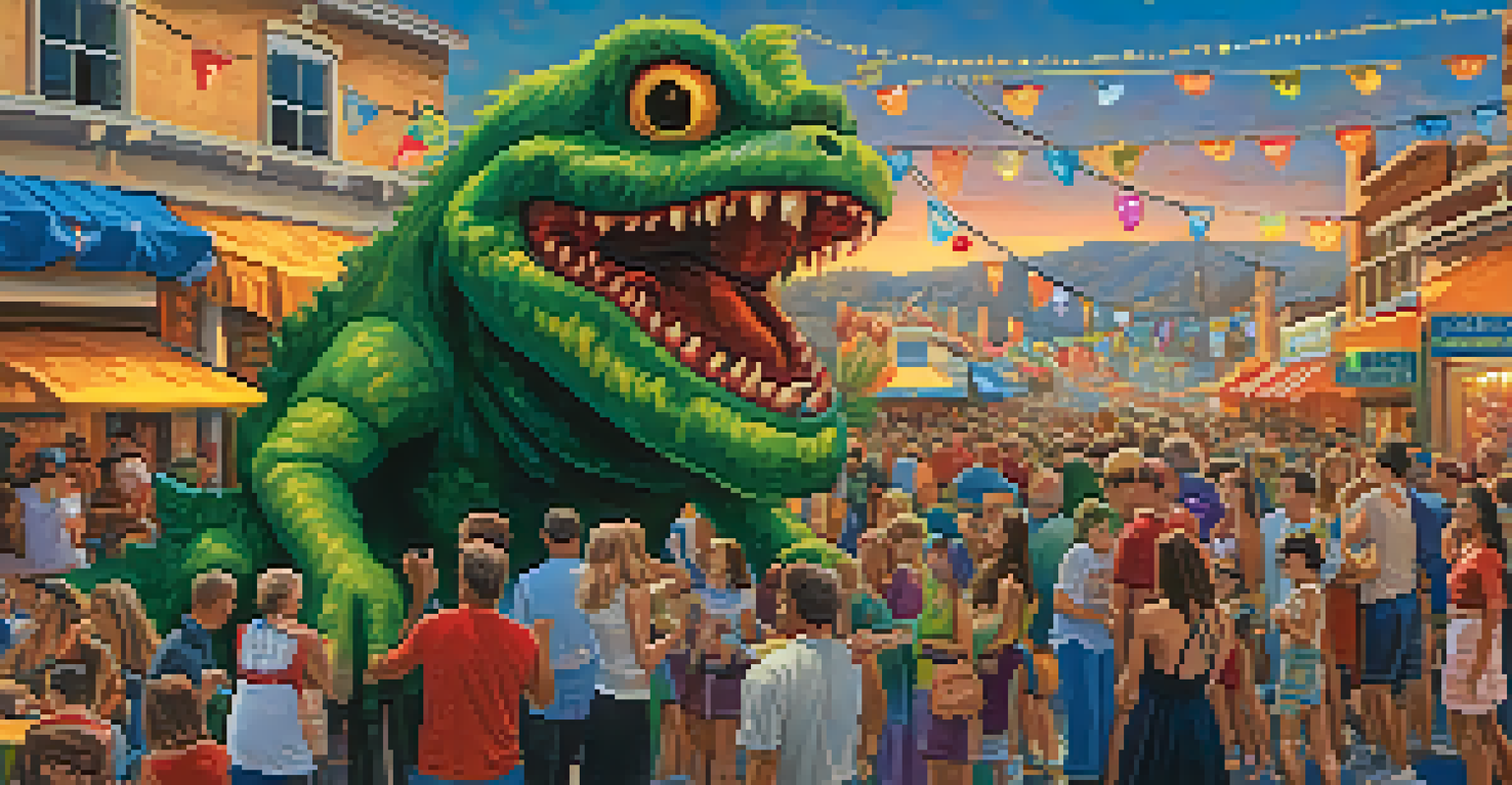 A vibrant festival scene in Carlsbad, with people celebrating the Carlsbad Monster legend through activities and decorations.