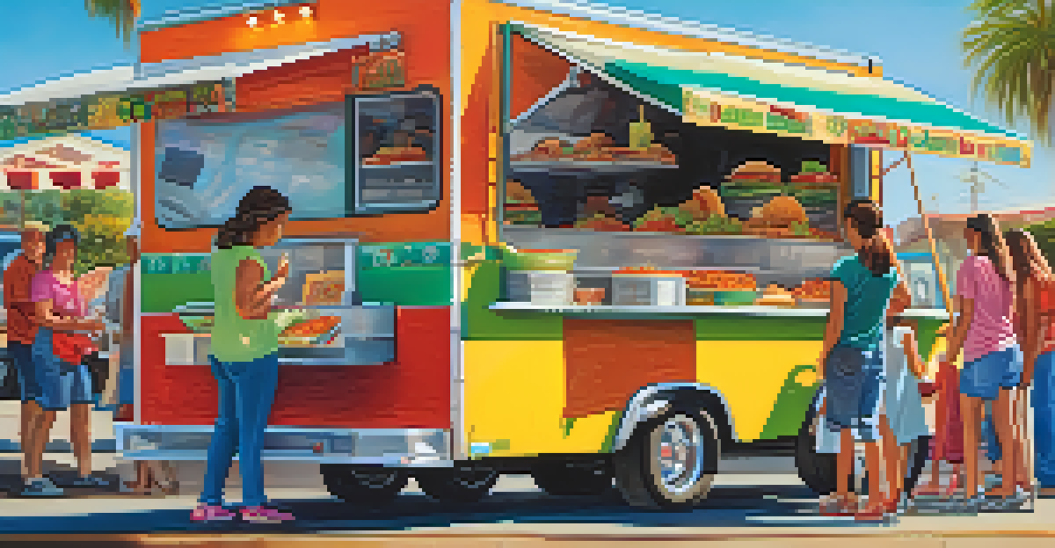 A close-up of a gourmet taco truck serving mini tacos with fresh ingredients, families ordering food on a sunny day.