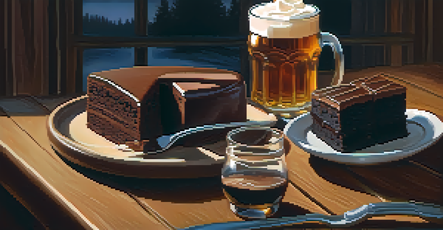 A stout beer beside chocolate cake and brownie on a wooden plate in a cozy indoor setting.