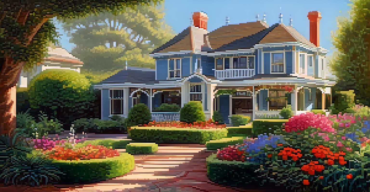 A Victorian garden with colorful flowers and a classic home, illuminated by soft sunlight.