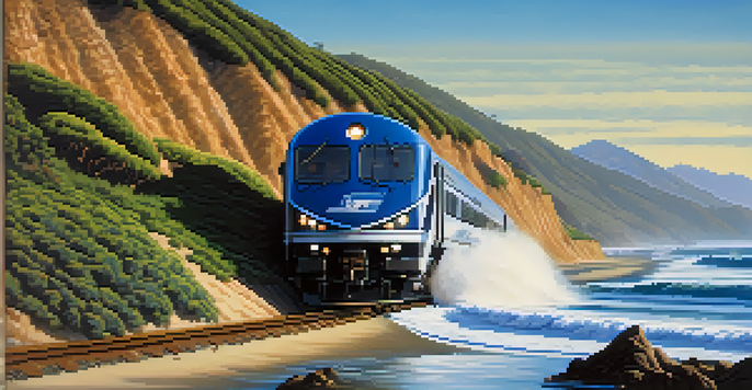 A train traveling along a coastal railway with ocean waves and greenery in the background.