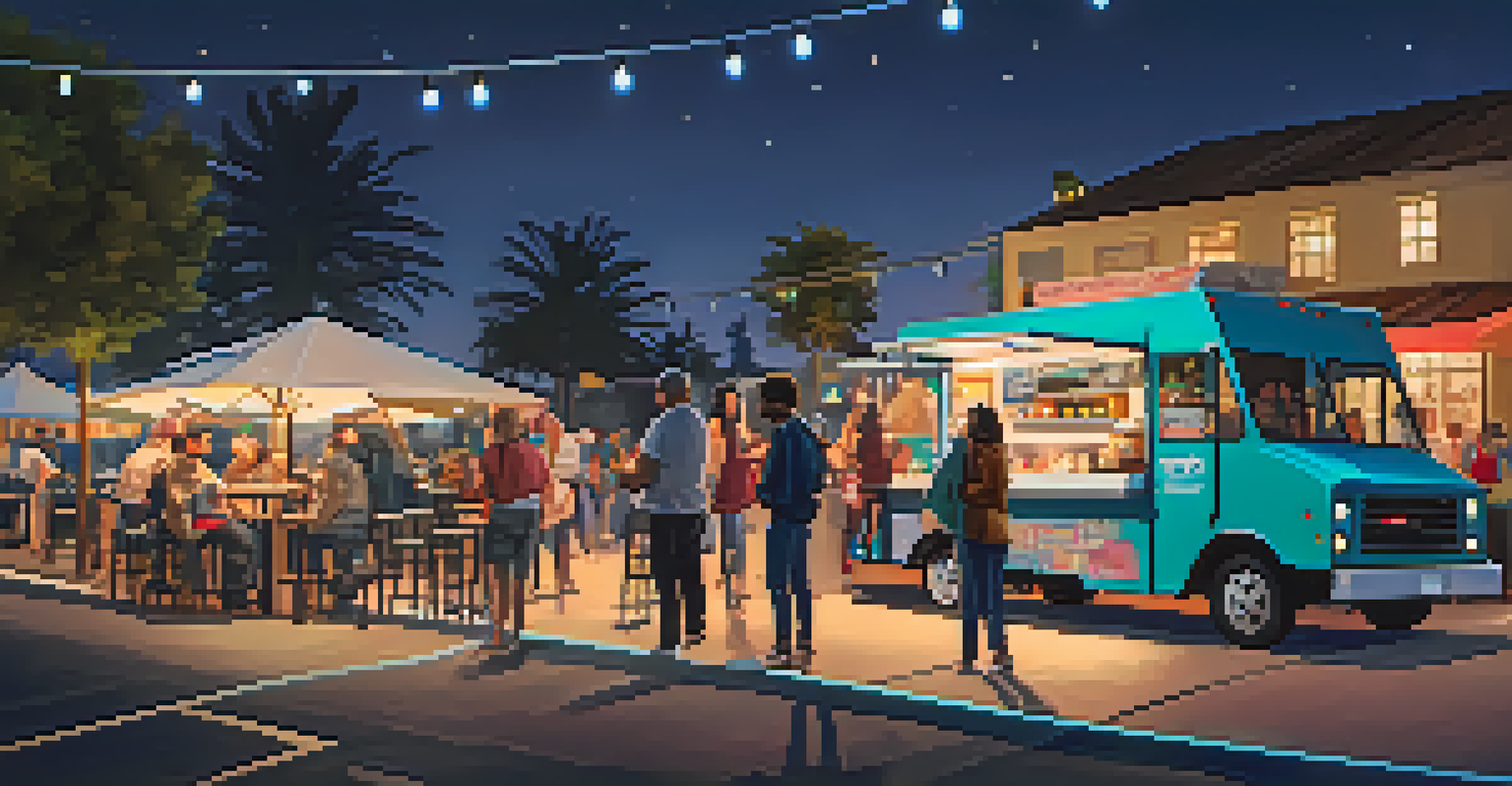 An outdoor gathering of food trucks at night with people enjoying various cuisines and a cozy atmosphere.