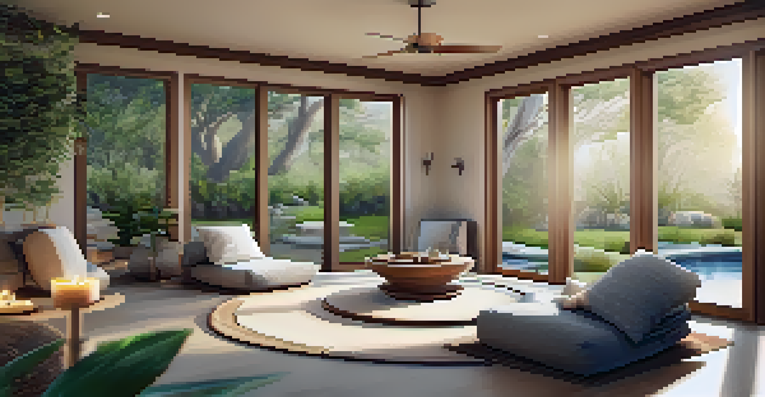 A cozy meditation room with cushions and mats arranged in a circle, illuminated by natural light and surrounded by plants.