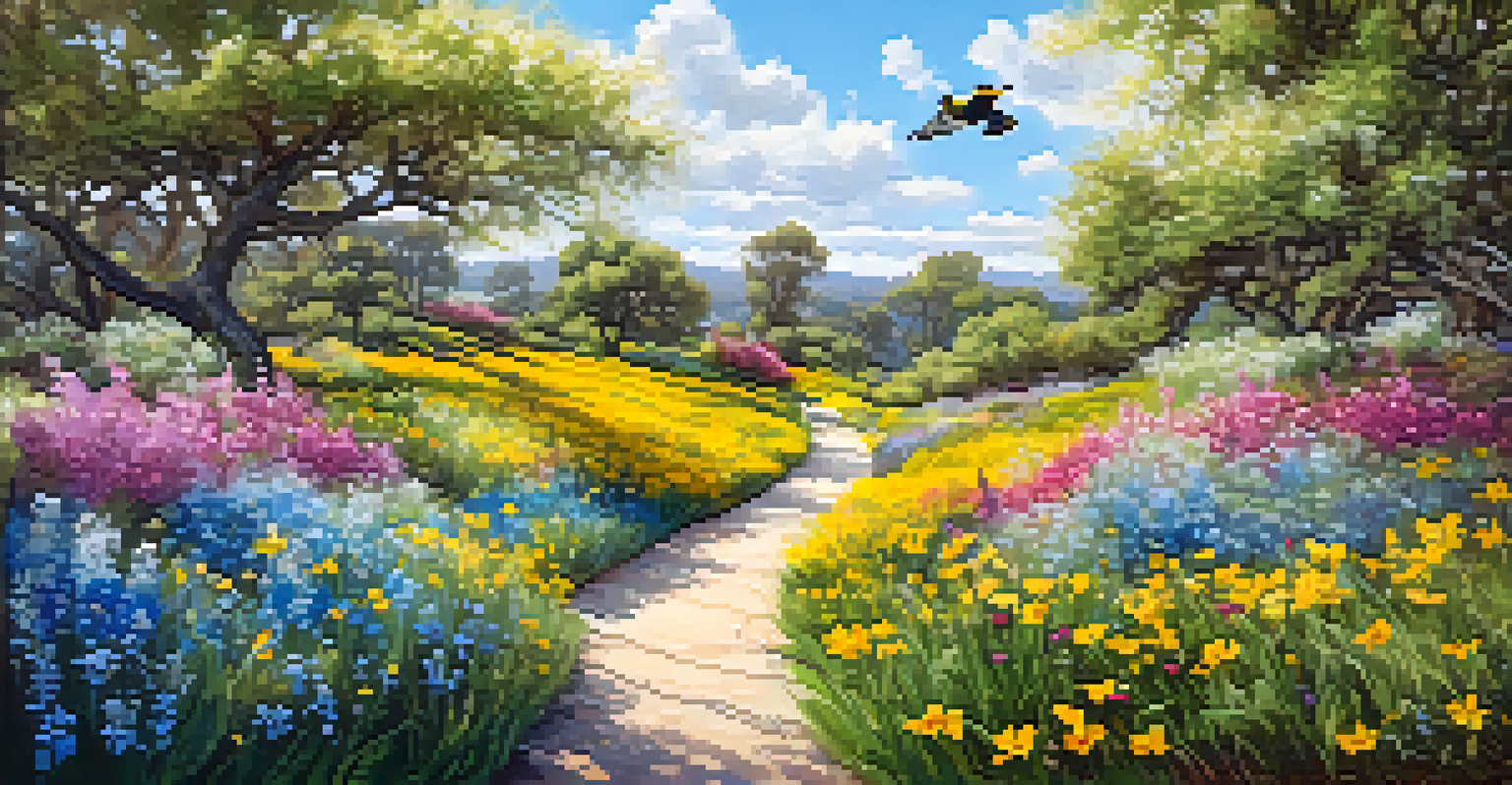A spring landscape with blooming wildflowers, colorful birds in flight, and a baby deer, featuring a nature enthusiast with a camera.