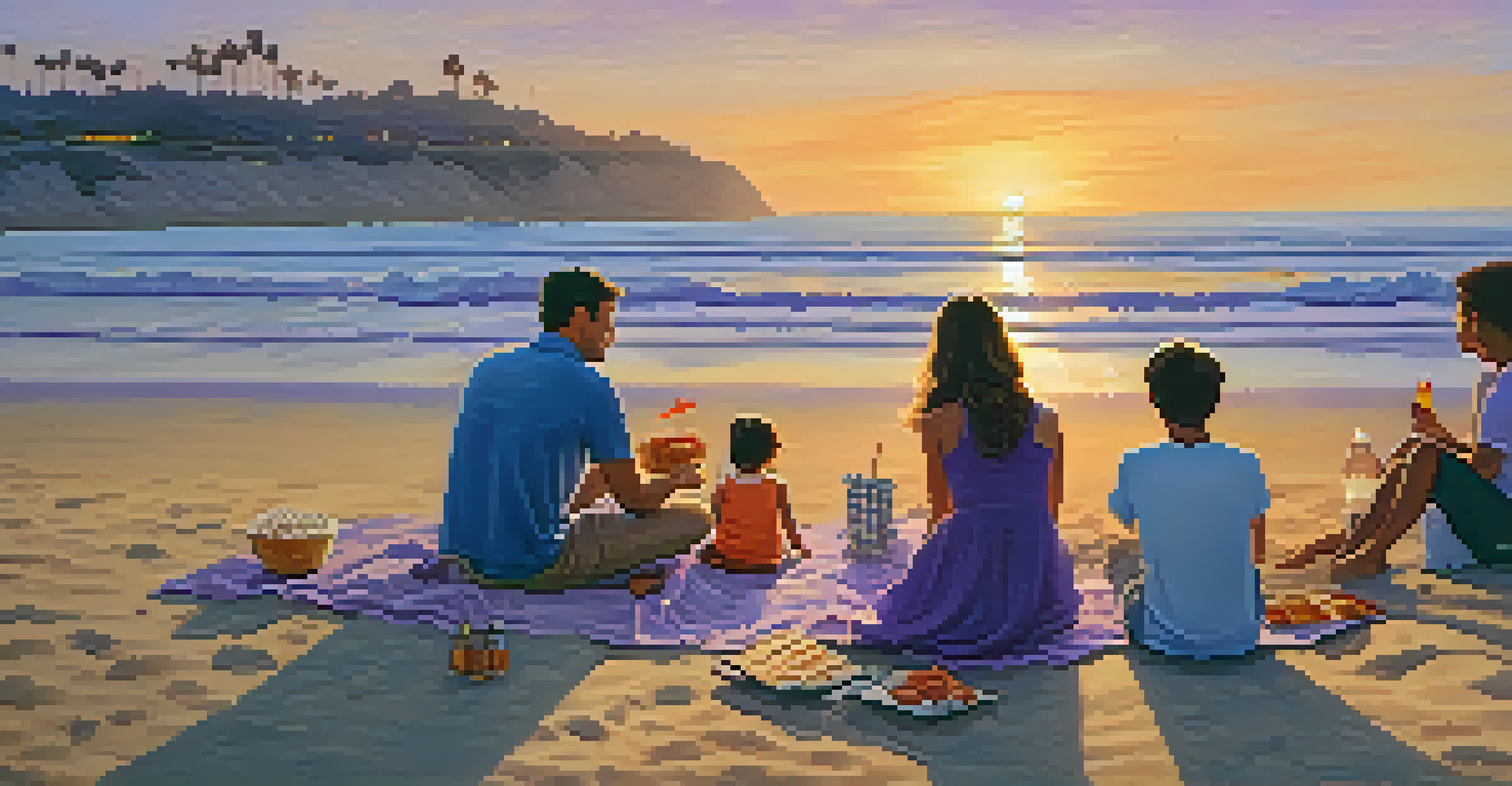 A family picnicking on the beach at sunset, with a colorful sky and gentle ocean waves in the background.