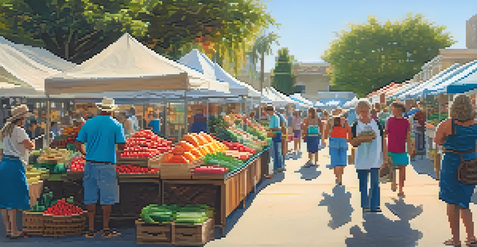 A lively farmers market with colorful stalls filled with fresh produce and artisanal goods, featuring families enjoying the atmosphere.