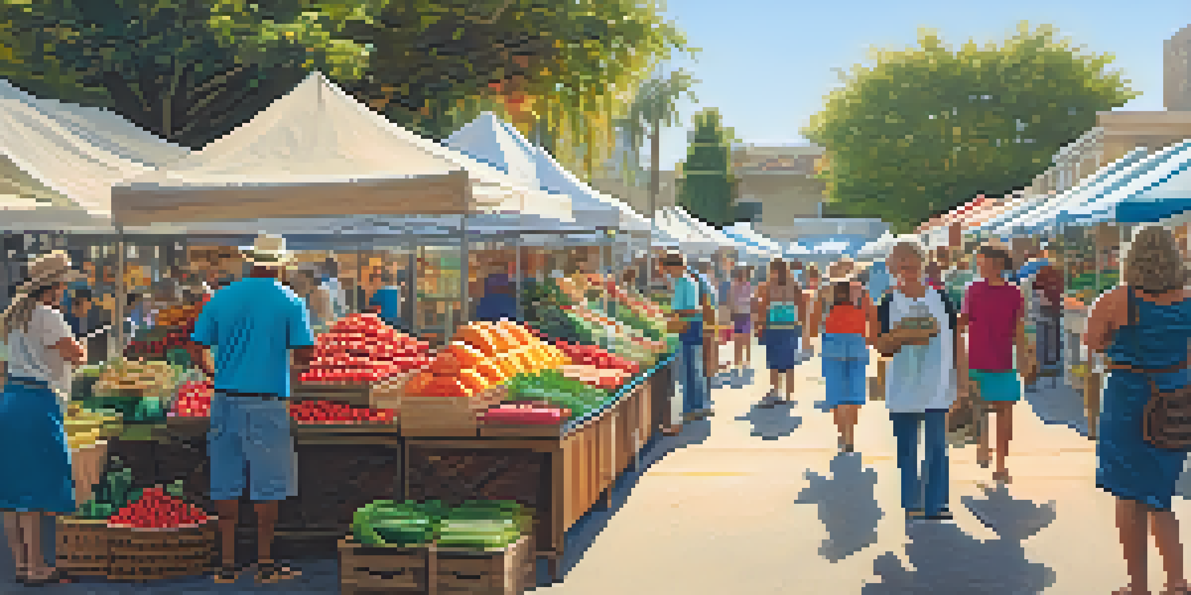 A lively farmers market with colorful stalls filled with fresh produce and artisanal goods, featuring families enjoying the atmosphere.