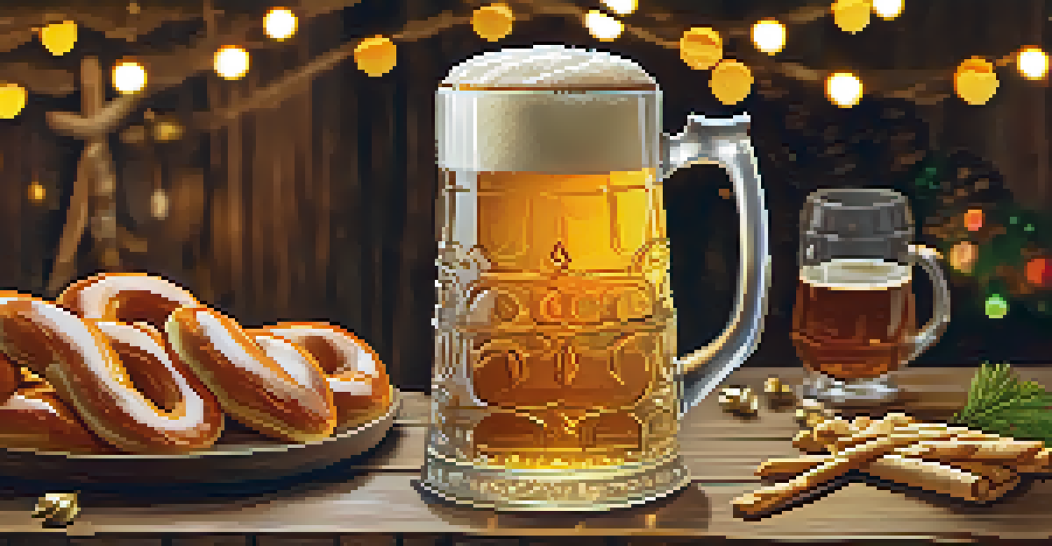 A close-up of a beer stein filled with Märzen beer, surrounded by pretzels and sauerkraut on a rustic table with festive decorations.