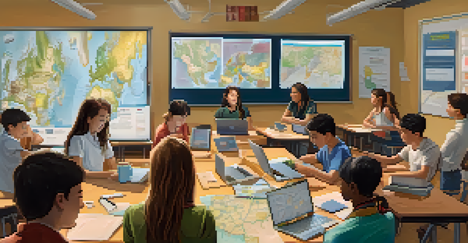 Students in a classroom participating in a virtual cultural exchange, discussing projects and engaging with international peers on laptops.