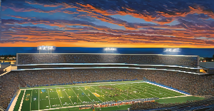A panoramic view of a high school stadium filled with fans during a football game, with bright lights and athletes on the field.