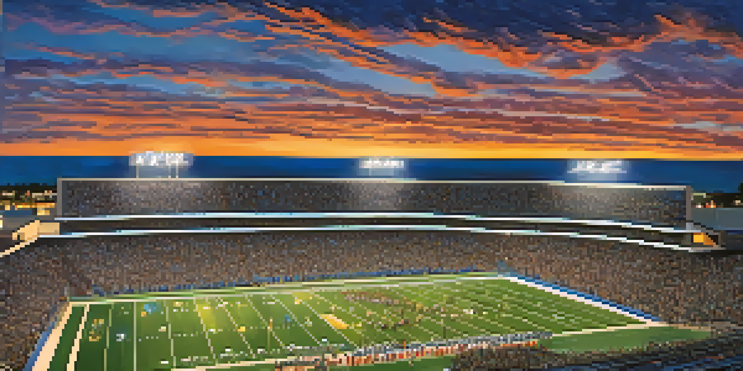 A panoramic view of a high school stadium filled with fans during a football game, with bright lights and athletes on the field.