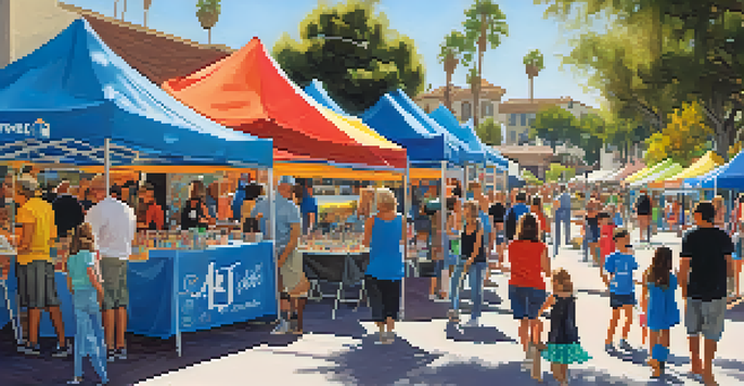 A lively outdoor art festival in Carlsbad with local artists, colorful booths, and families enjoying the festivities under a sunny sky.