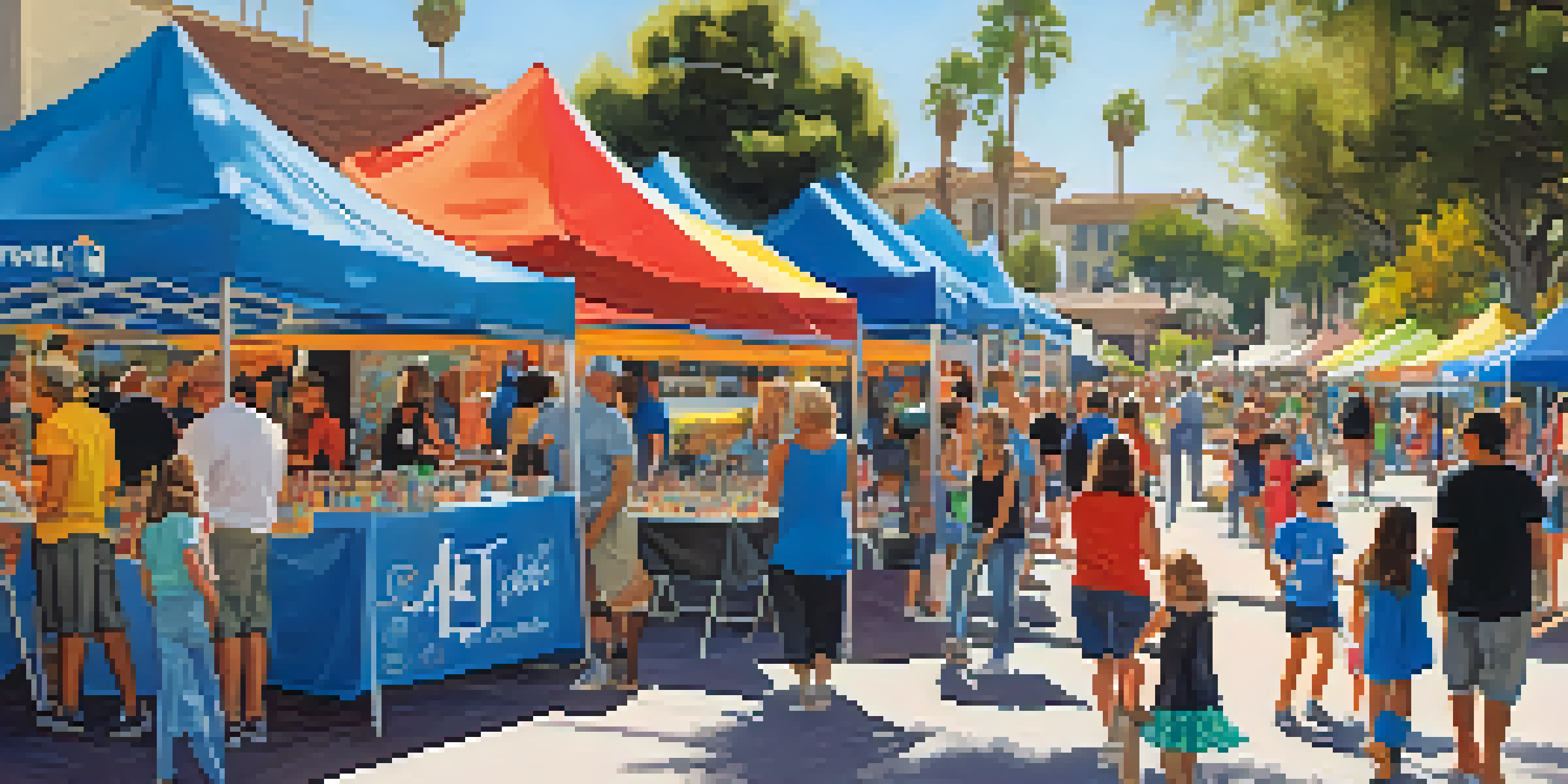 A lively outdoor art festival in Carlsbad with local artists, colorful booths, and families enjoying the festivities under a sunny sky.