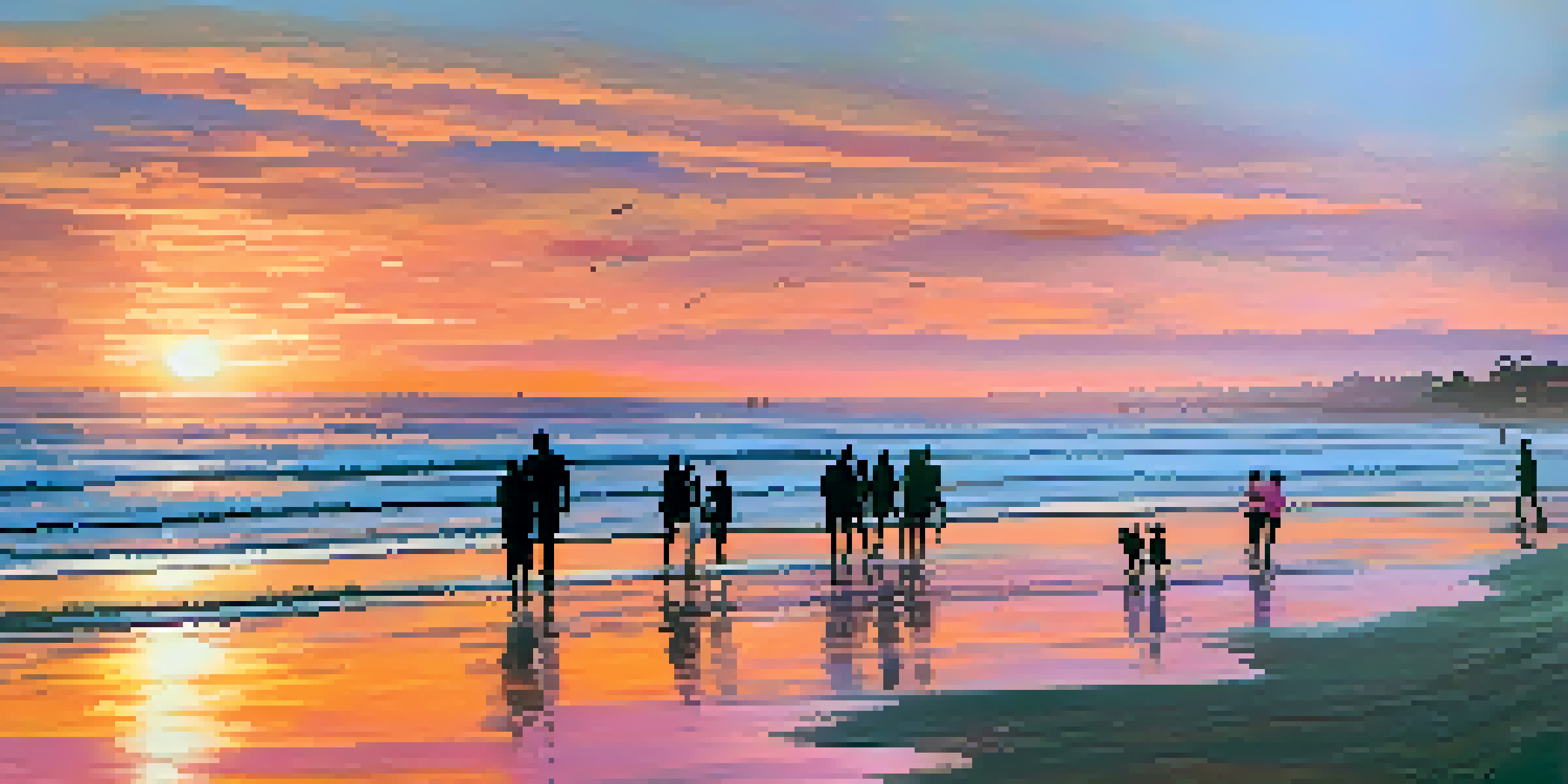A picturesque sunset at Carlsbad State Beach with families and couples walking along the shore.