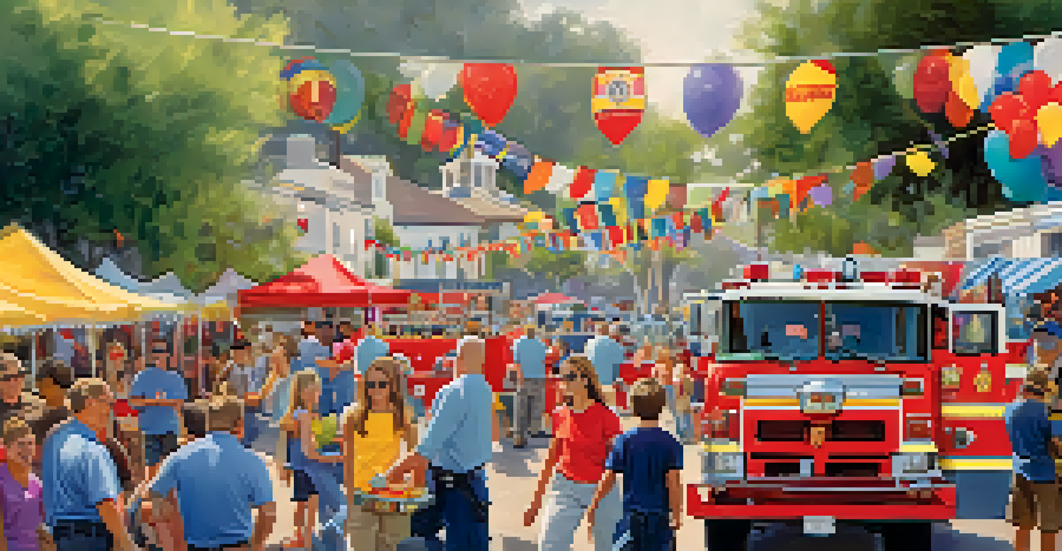 A lively community fundraising event with families, games, and volunteer firefighters showcasing firefighting equipment and interacting with children.