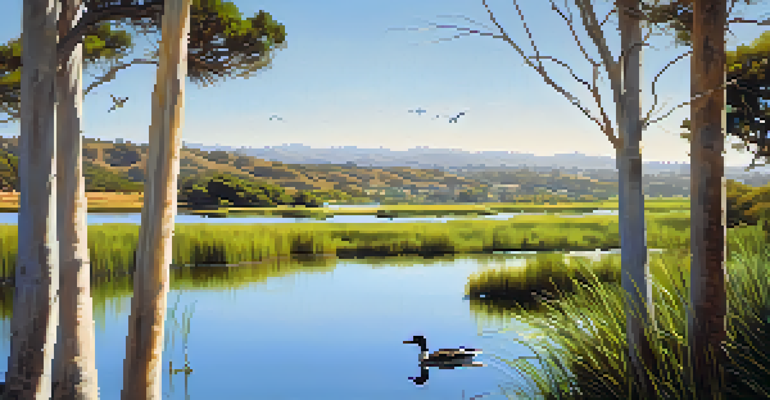 A scenic view of Batiquitos Lagoon filled with various birds, surrounded by lush greenery and a clear blue sky.