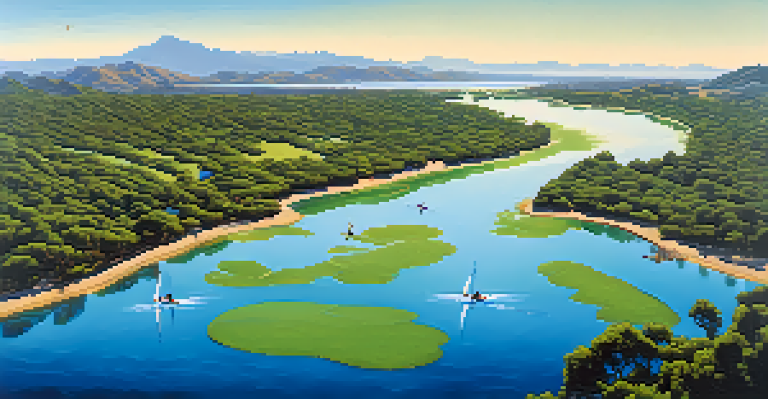 Aerial view of Agua Hedionda Lagoon surrounded by greenery, with kayakers and birds, showcasing natural beauty.