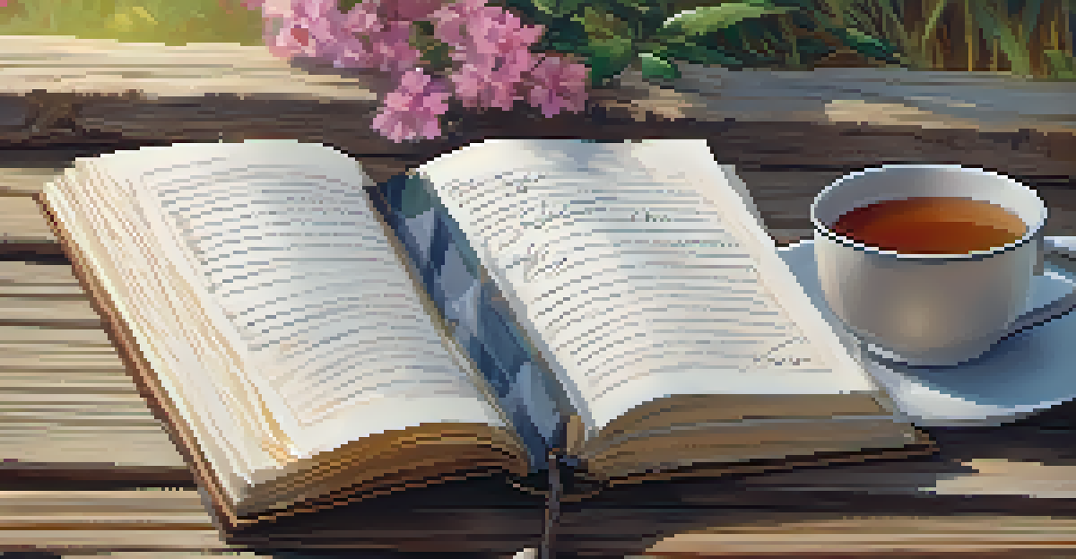 A journal with handwritten notes and a cup of herbal tea on a wooden table, illuminated by soft natural light.