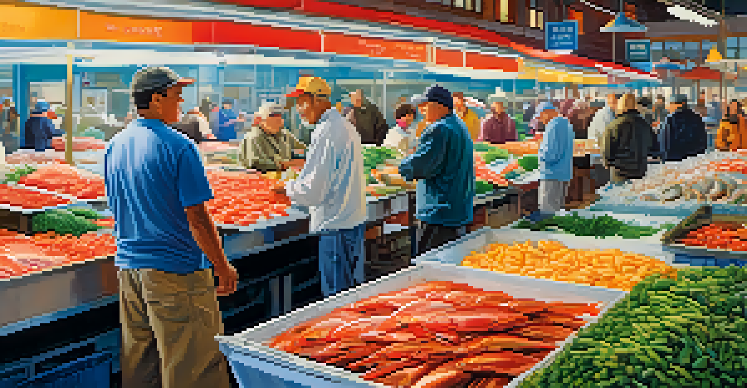 A busy seafood market with fresh seafood on display and fishermen unloading their catch.