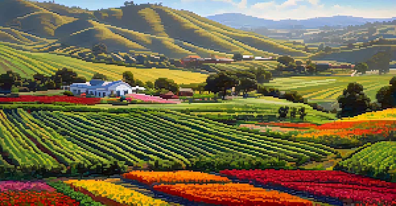 A lush sustainable farm in Carlsbad with vibrant crops and a farmer tending to the plants under a sunny sky.