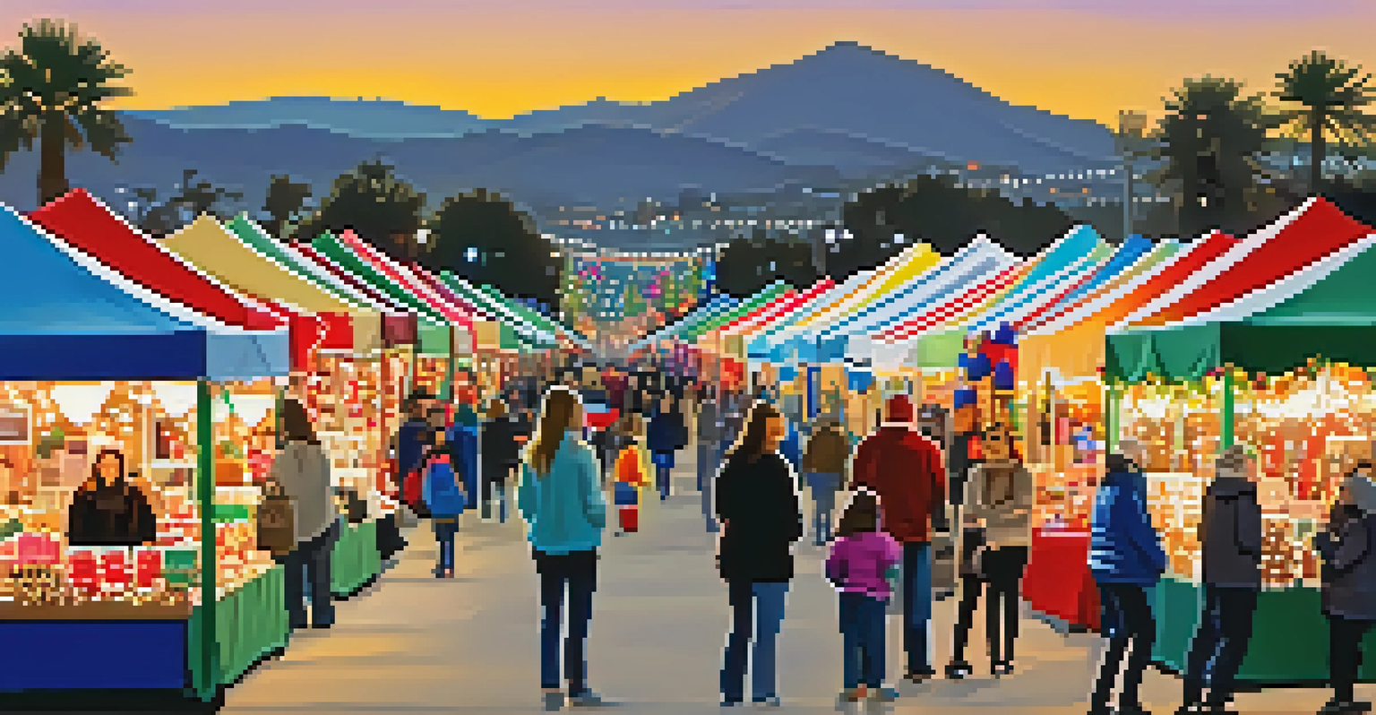 Families enjoying the Carlsbad Holiday Market, with colorful stalls and children participating in festive activities.