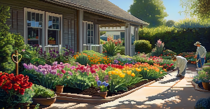 A gardener planting seedlings in a vibrant flower garden with sunlight filtering through the leaves.